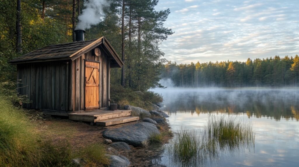 sauna shore lake with steam rising view forest